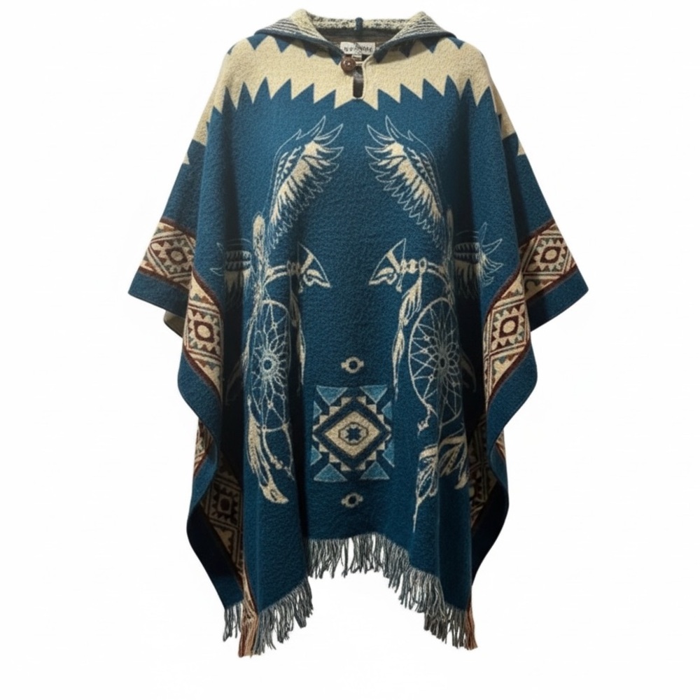 Vintage Honduran Hooded Poncho, Native Design, Alpaca Wool, Tiny Flaw, One Size